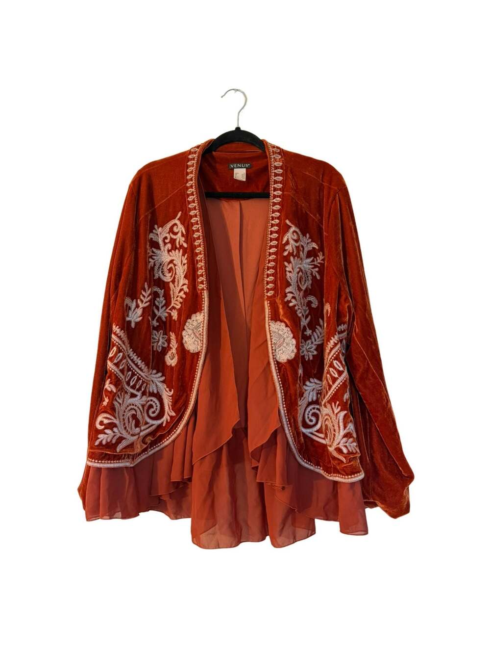 VENUS Women's Embroidered Velvet Cardigan Jacket with Chiffon Hem, Rust, Size 2X